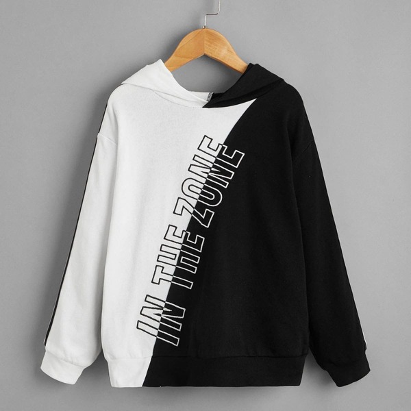 

Boys Slogan Embroidery Color Block Drop Shoulder Hoodie, Black and white