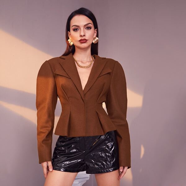 

Leg-of-mutton Sleeve Ruffle Hem Jacket, Brown