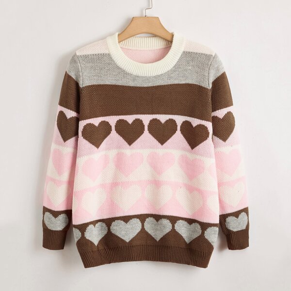 

Plus Heart And Striped Pattern Sweater, Multicolor