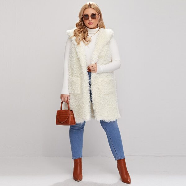 

Plus Open Front Hooded Shearling Vest Coat, Beige