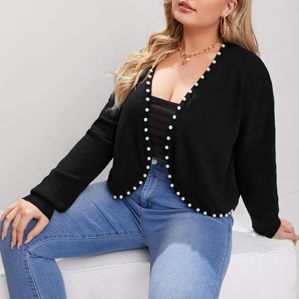 

Plus Open Front Pearl Trim Cardigan, Black