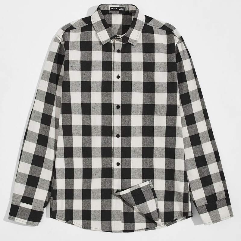 

Men Gingham Button Front Shirt, Black and white