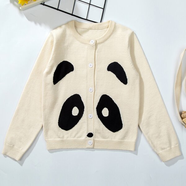 

Girls Cartoon Pattern Button Front Cardigan, Beige