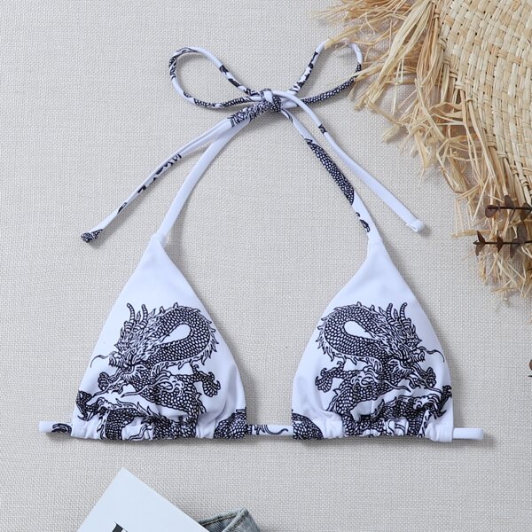 

Chinese Dragon Print Micro Triangle Bikini Top, Black and white