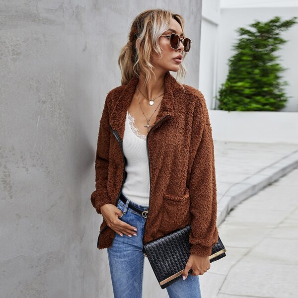 

Drop Shoulder Zipper Teddy Jacket, Coffee brown