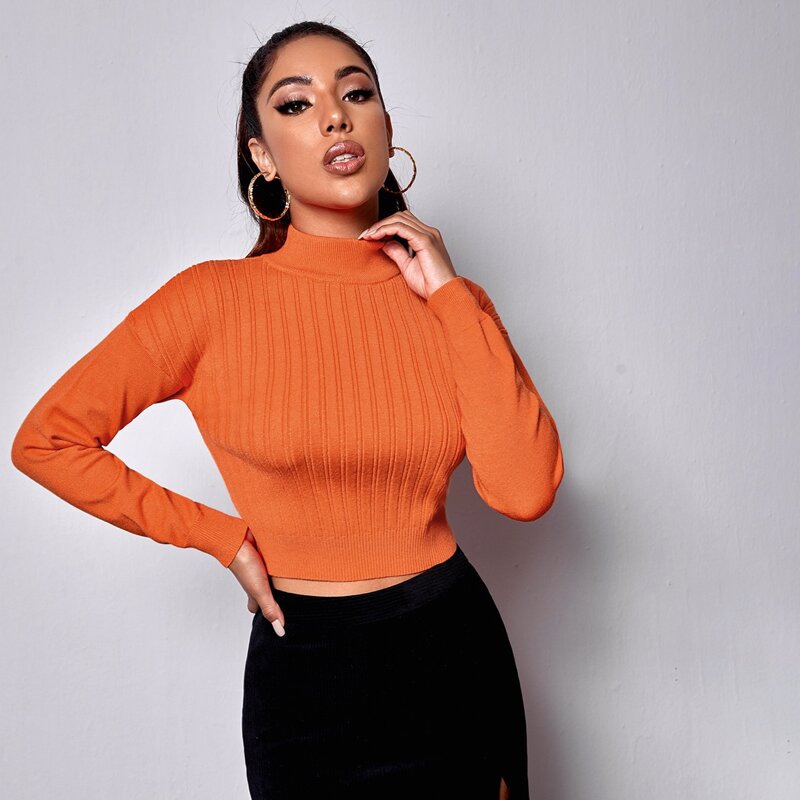 

Drop Shoulder Stand Collar Sweater, Orange bright