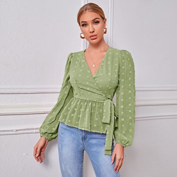 

Wrap Tie Side Appliques Peplum Blouse, Lime green