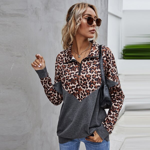 

Batwing Sleeve Leopard Zipper Pullover, Multicolor