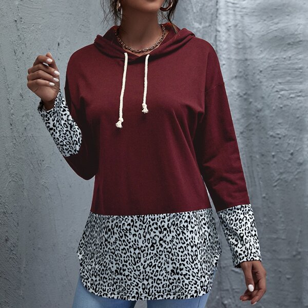 

Leopard Print Color Block Drawstring Hoodie, Burgundy