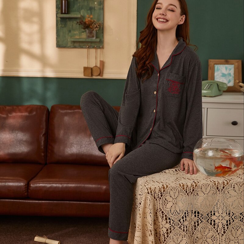 

Contrast Binding Pajama Set, Dark grey