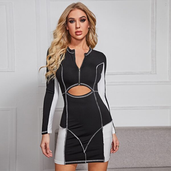 

Color Block Stitch Trim Cut Out Front Dress, Black
