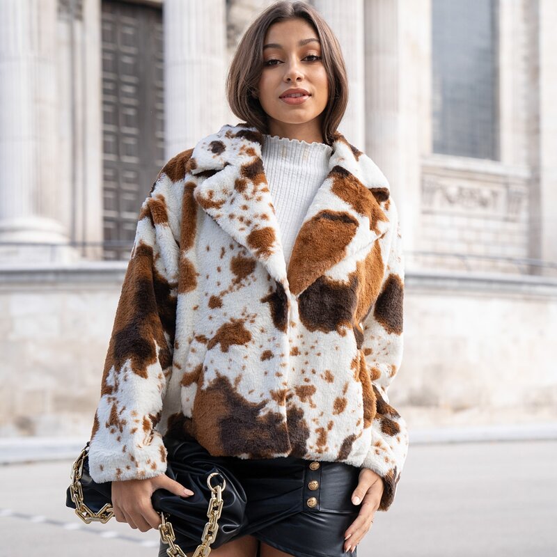 

Notched Collar Colorblock Faux Fur Coat, Multicolor