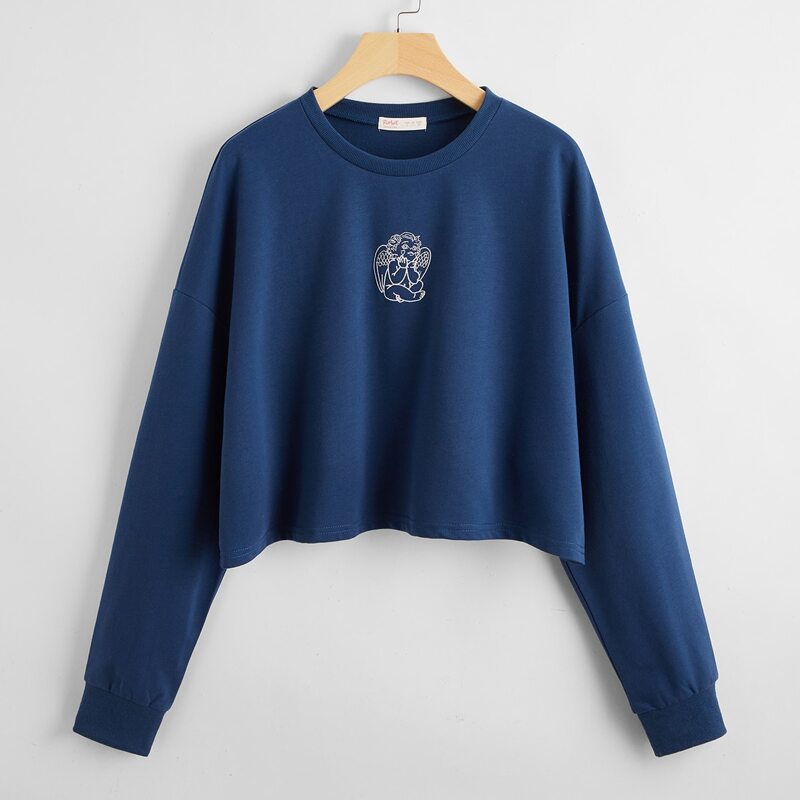 

Angel Embroidery Oversized Crop Sweatshirt, Blue