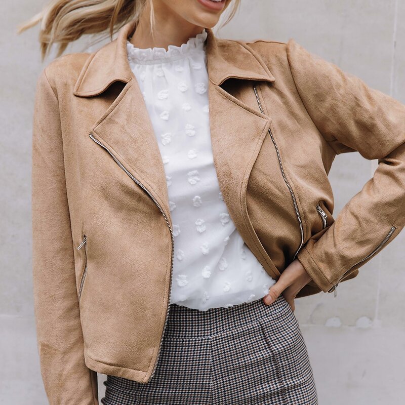 

Zip Up Notched Collar Suede Moto Jacket, Khaki