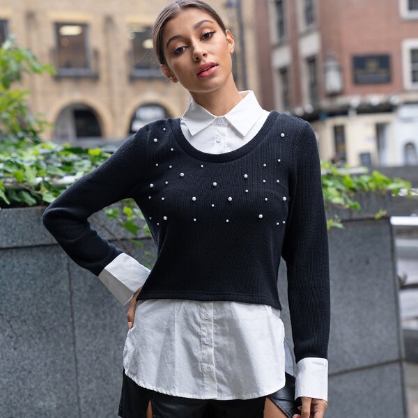 

Collared Buttoned Front Pearls Beaded 2 in 1 Blouse, Black and white