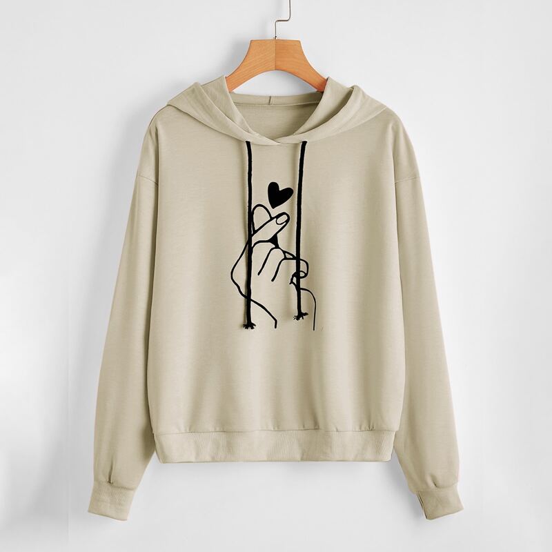 

Gesture And Heart Print Drawstring Hoodie, Khaki