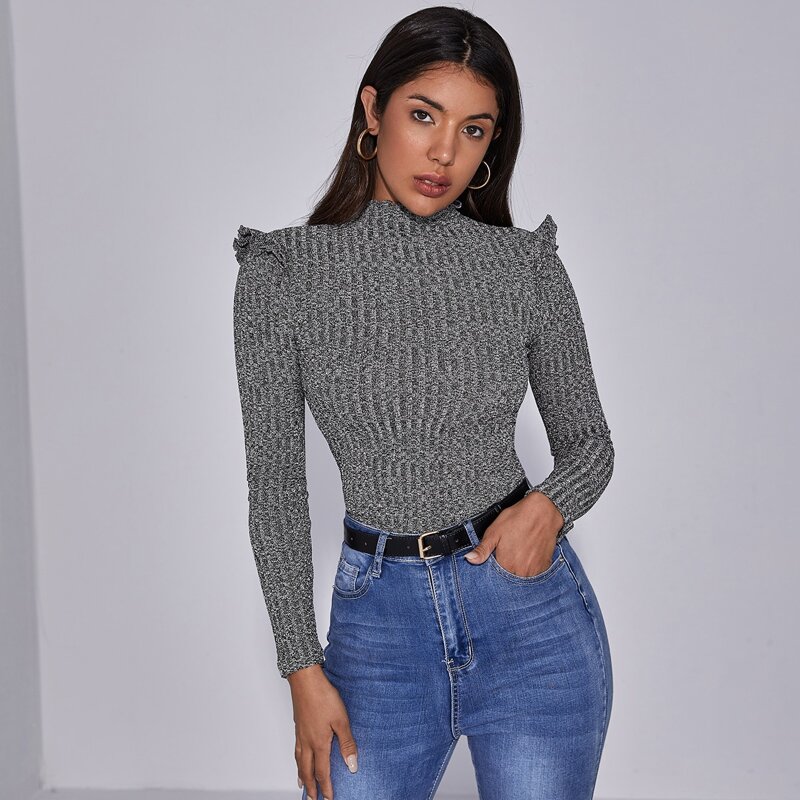 

Lettuce Edge Mock-neck Ruffle Trim Fitted Tee, Dark grey
