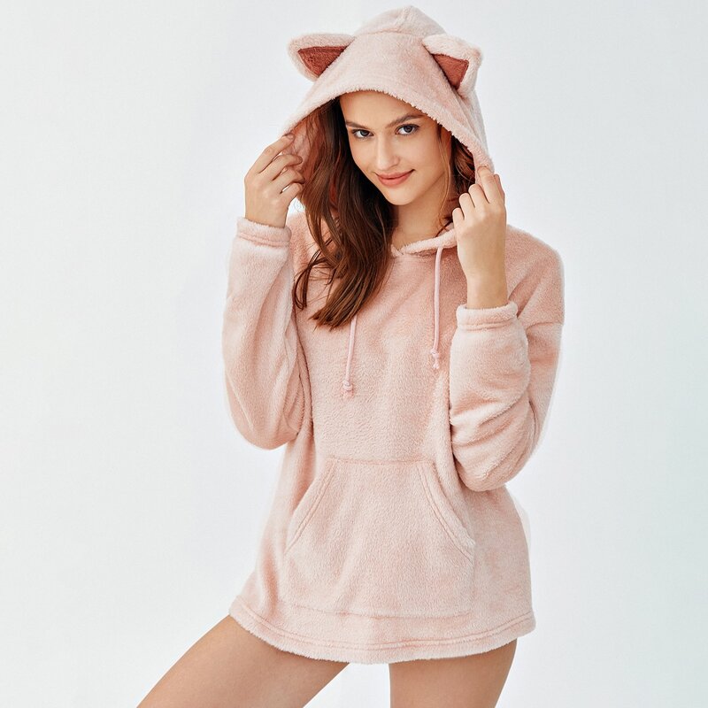 

Ear Detail Teddy Sleep Hoodie, Pastel baby pink