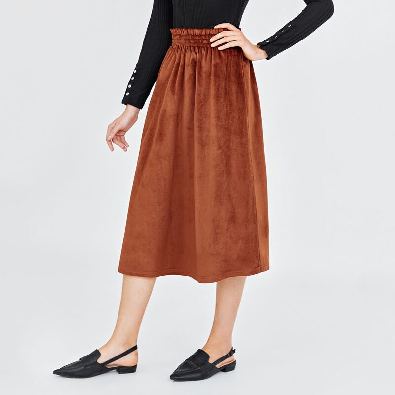 

Paperbag Waist Velvet Skirt, Rust brown