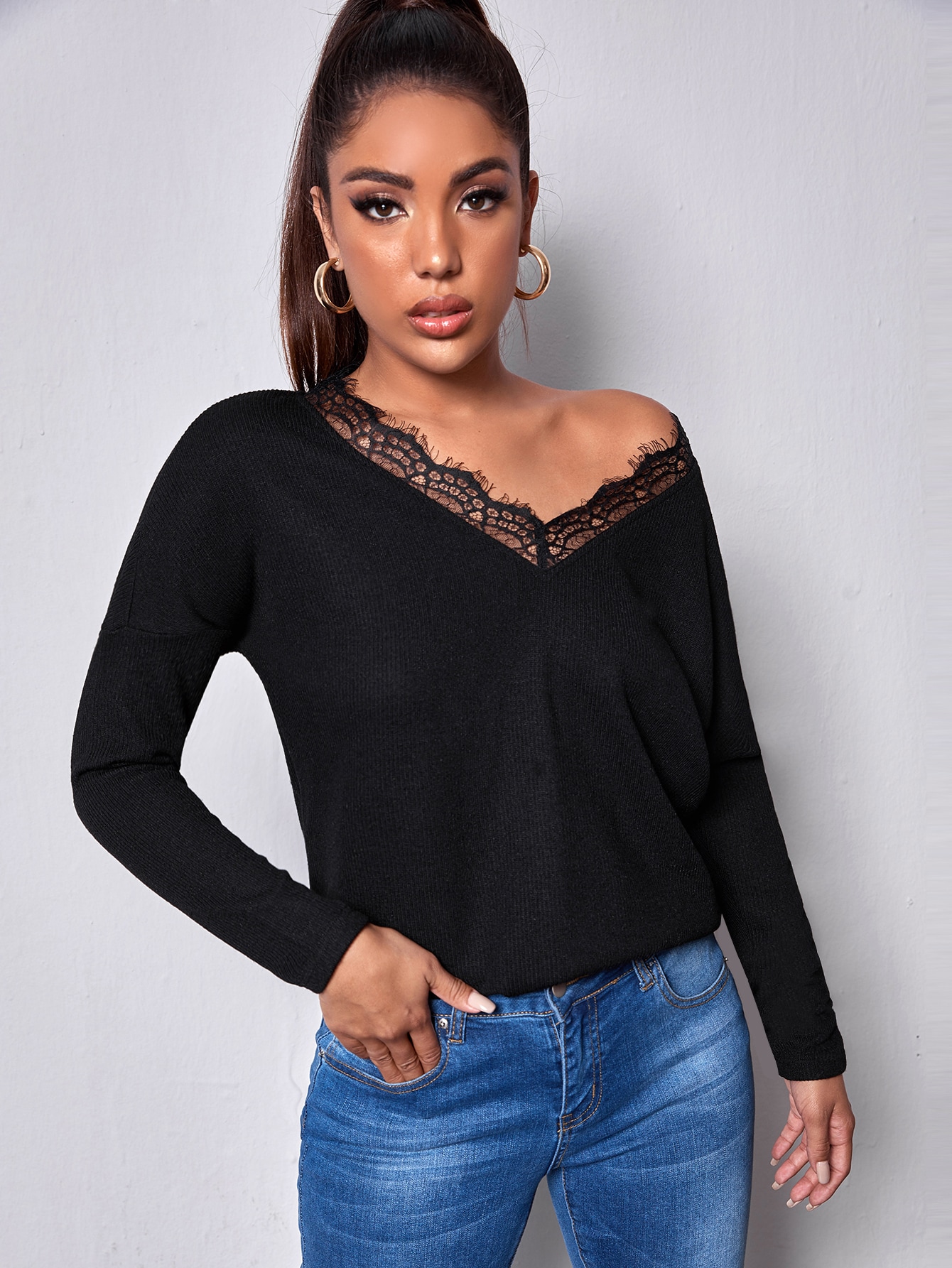 Drop Shoulder Lace Trim Sweater thumbnail