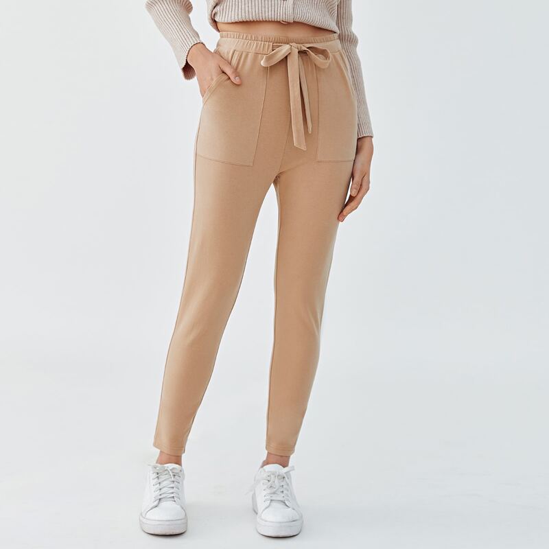 

Pocket Front Drawstring Waist Pants, Apricot