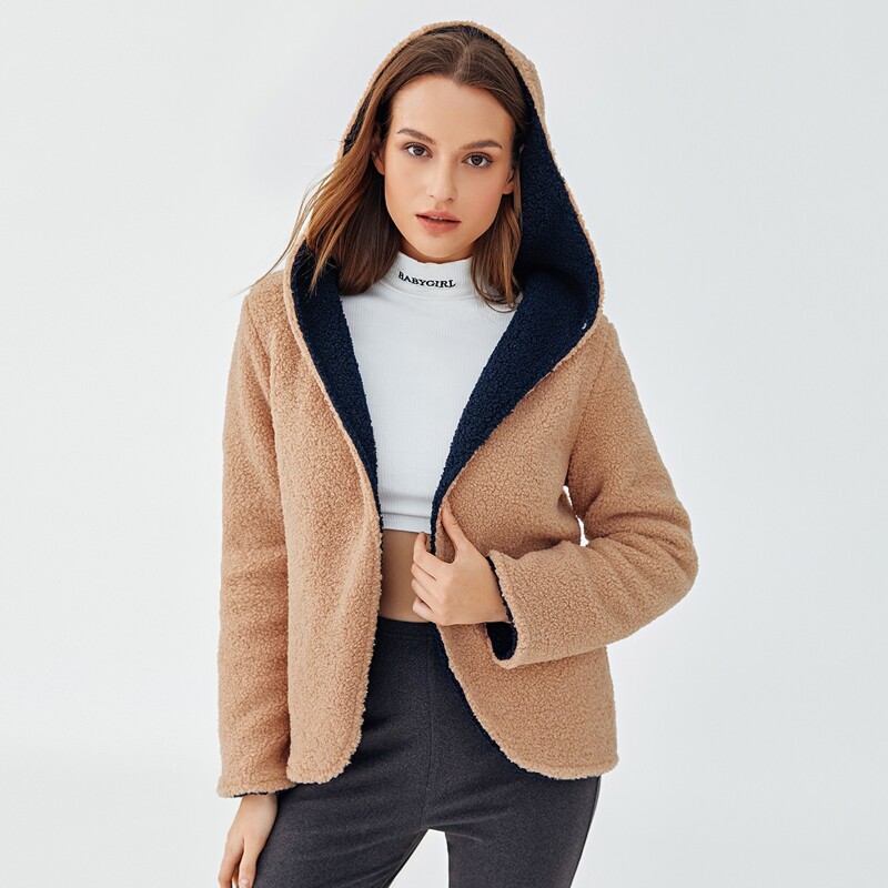 

Two Way Open Front Hooded Teddy Coat, Camel