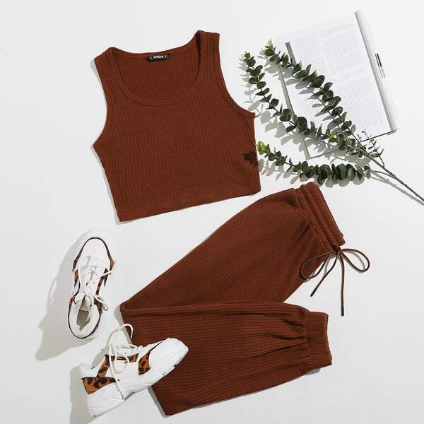 

Ribbed Cropped Tank Top & Drawstring Joggers Set, Burnt orange