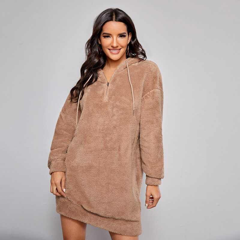 

Drop Shoulder Teddy Sweatshirt Dress, Mocha brown