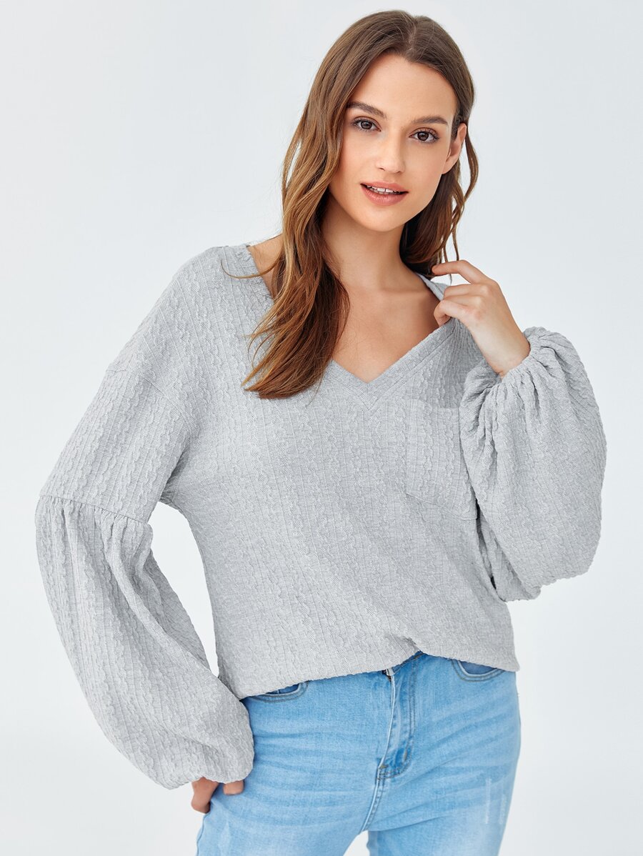 SHEIN Lantern Sleeve Pocket Front Cable Knit Top - Light Grey - View 1