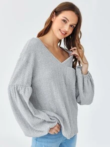 SHEIN Lantern Sleeve Pocket Front Cable Knit Top - Light Grey - View 3