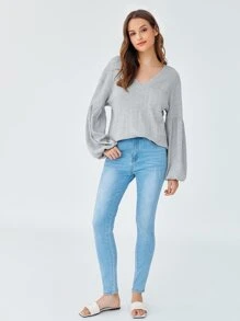 SHEIN Lantern Sleeve Pocket Front Cable Knit Top - Light Grey - View 4