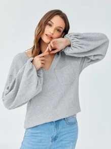 SHEIN Lantern Sleeve Pocket Front Cable Knit Top - Light Grey - View 5