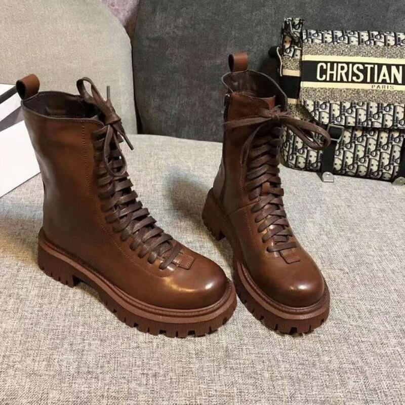 

Side Zip Lace-up Combat Boots, Brown