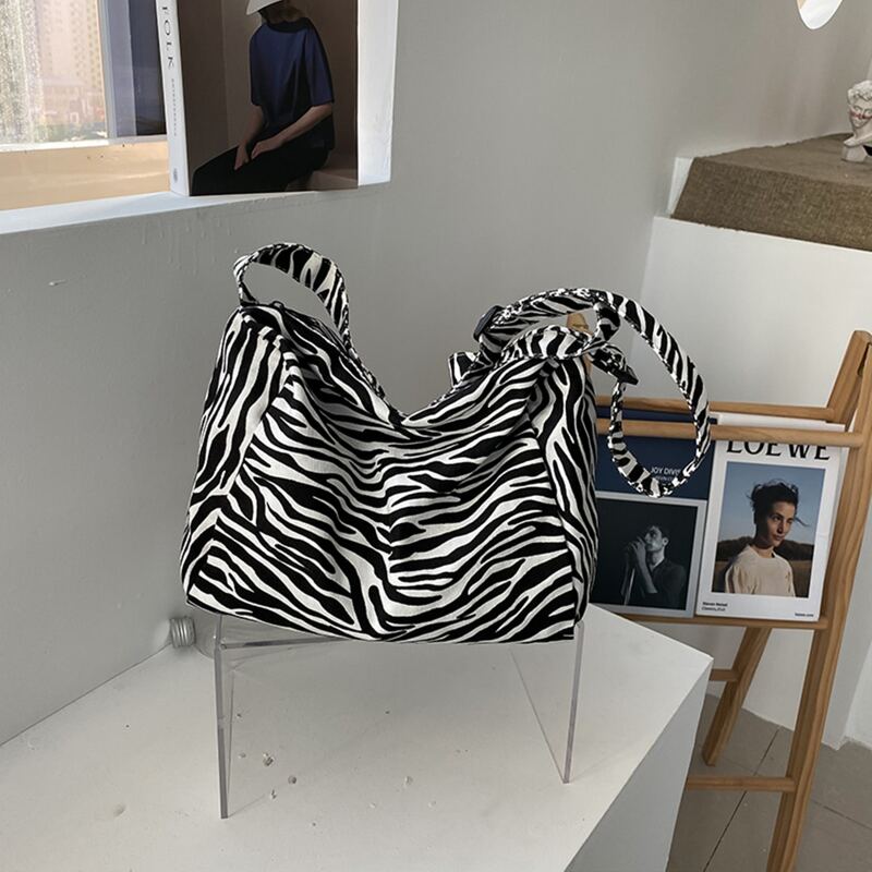 

Zebra Striped Canvas Crossbody Bag, Black and white