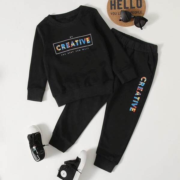 

Toddler Boys Letter Graphic Sweatshirt & Pocket Sweatpants, Black