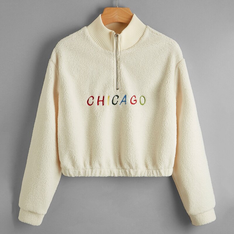 

Letter Embroidery Half Zip Sweatshirt, Beige