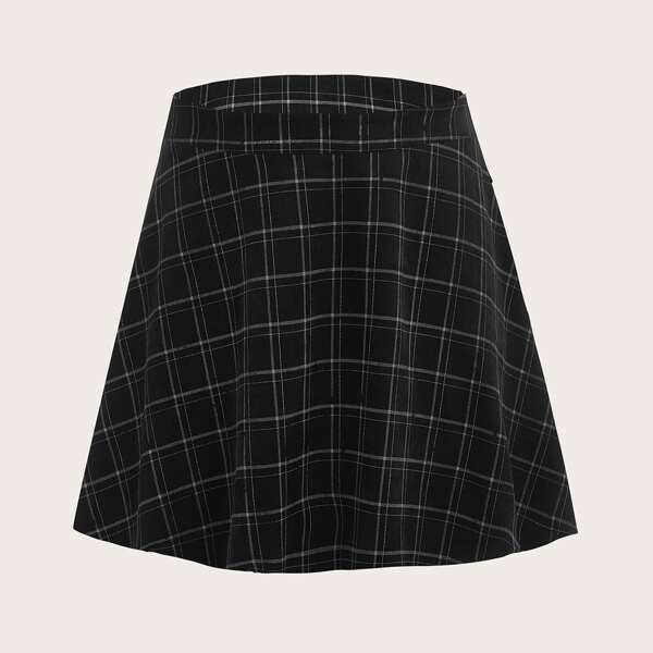 

Plus Plaid Zipper A-line Skirt, Black