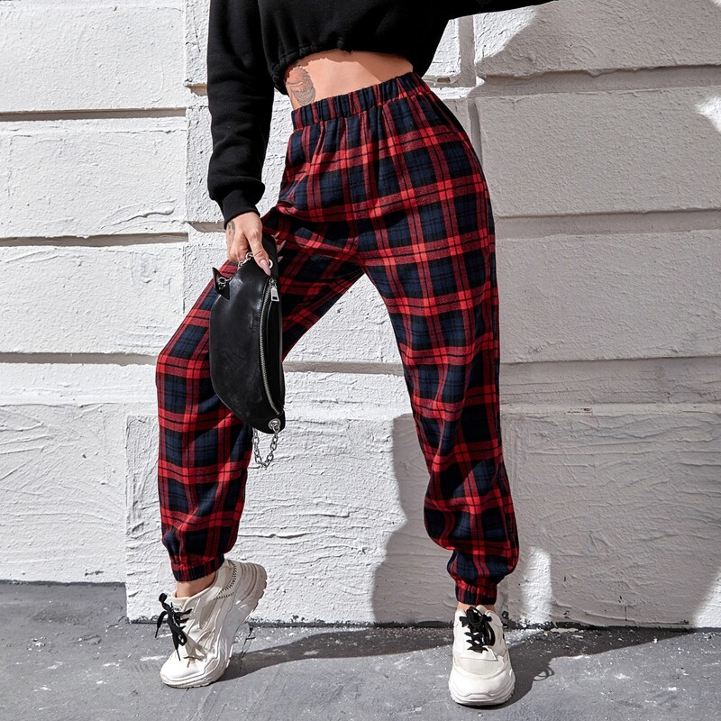 Tartan High Waist Sweatpants, Multicolor