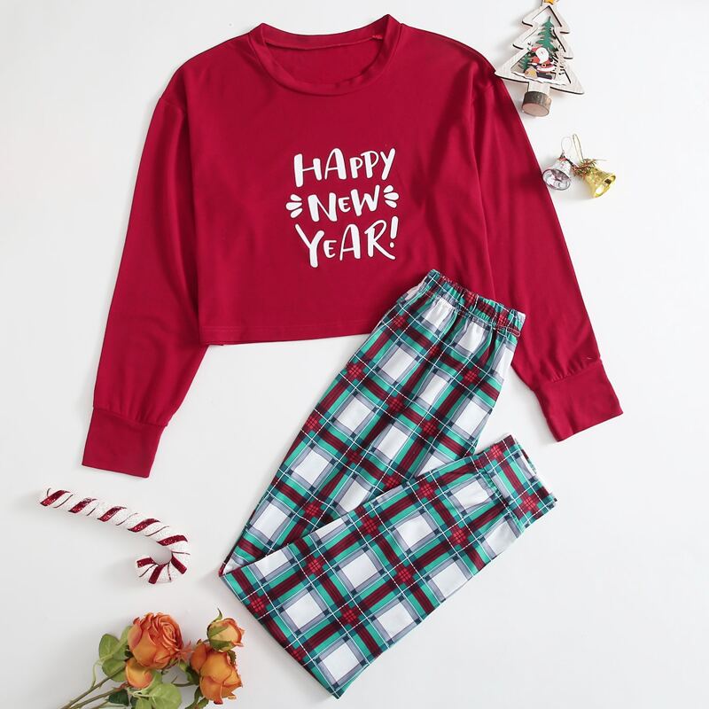 

Slogan Plaid Pants PJ Set, Multicolor