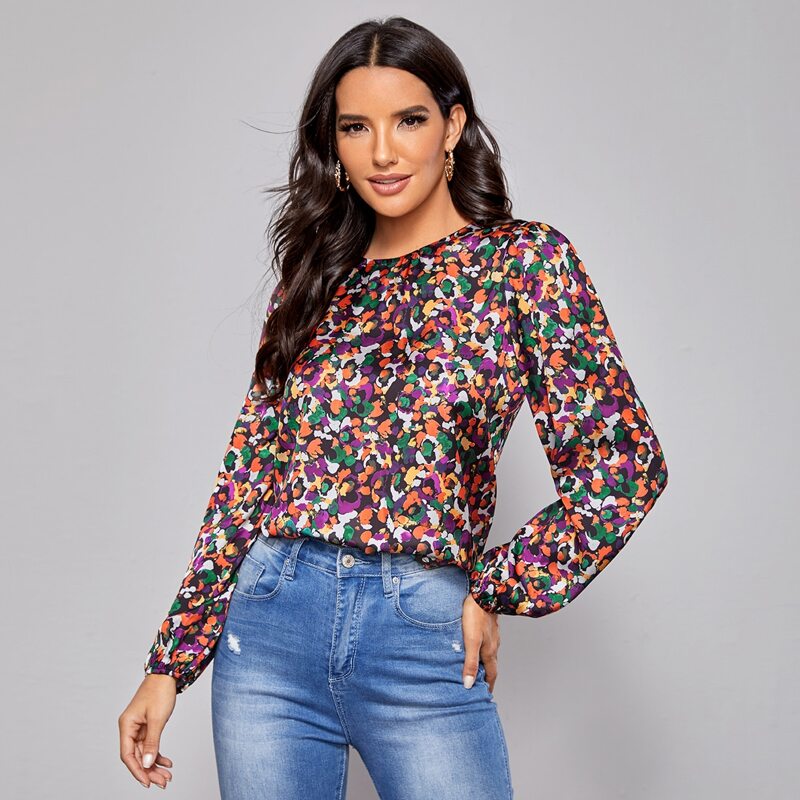 

Lantern Sleeve Allover Print Top, Multicolor