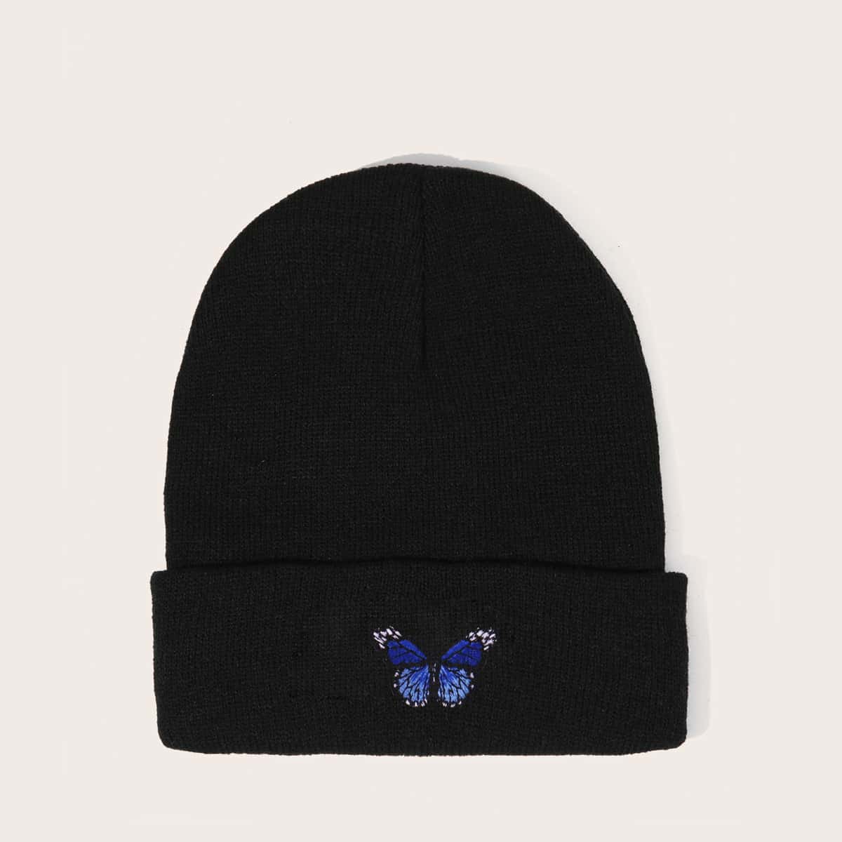 

Butterfly Embroidery Beanie, Black