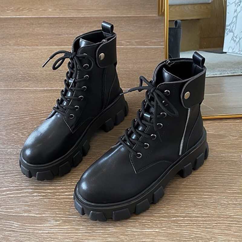 

Lace-up Lug Sole Combat Boots, Black