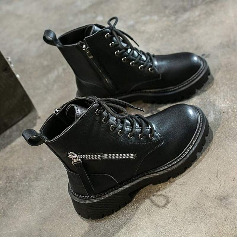 

Side Zip Lace-up Combat Boots, Black