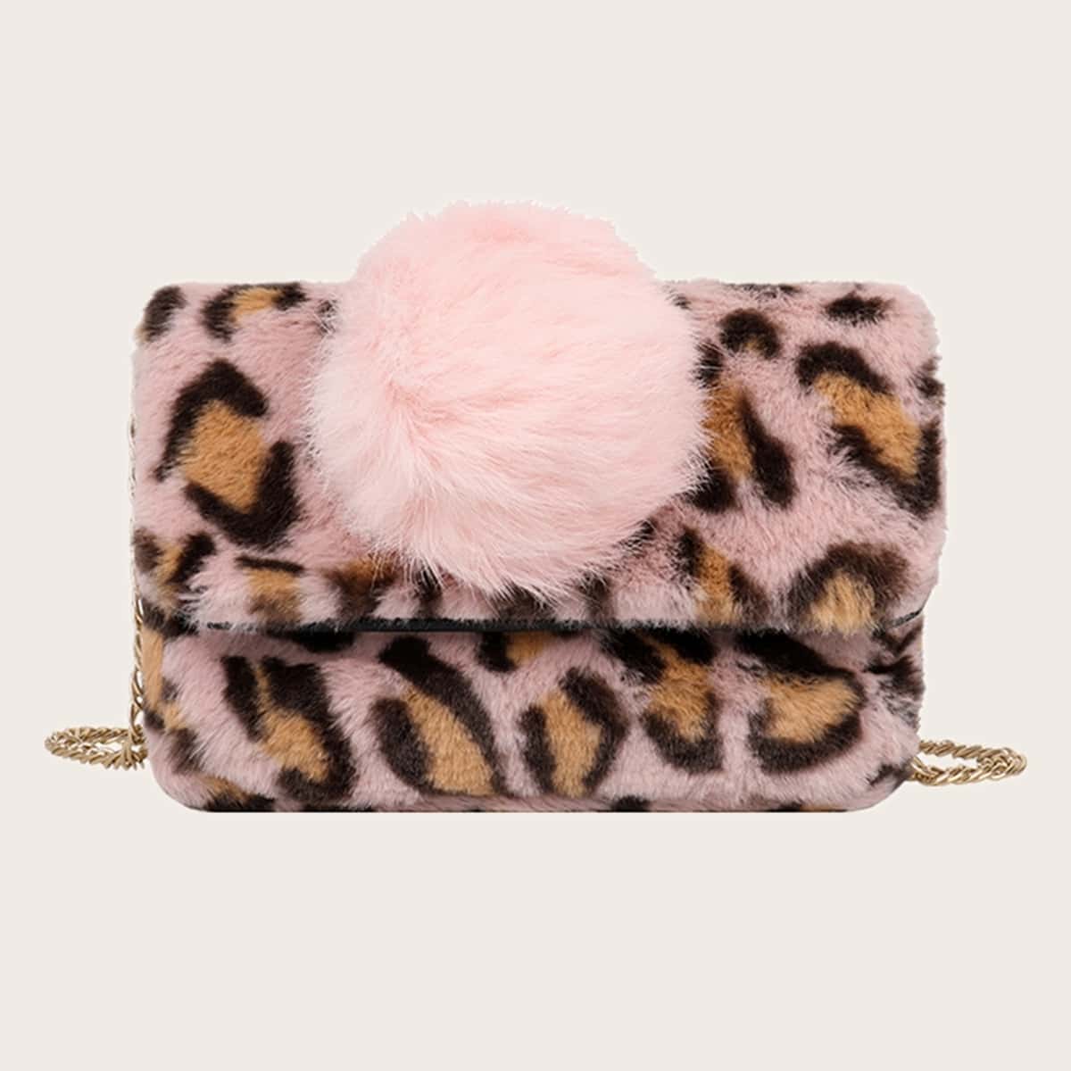 

Faux Fur Leopard Flap Bag, Pink