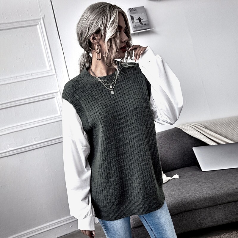 

Contrast Sleeve Ribbed Knit Sweater, Dark grey