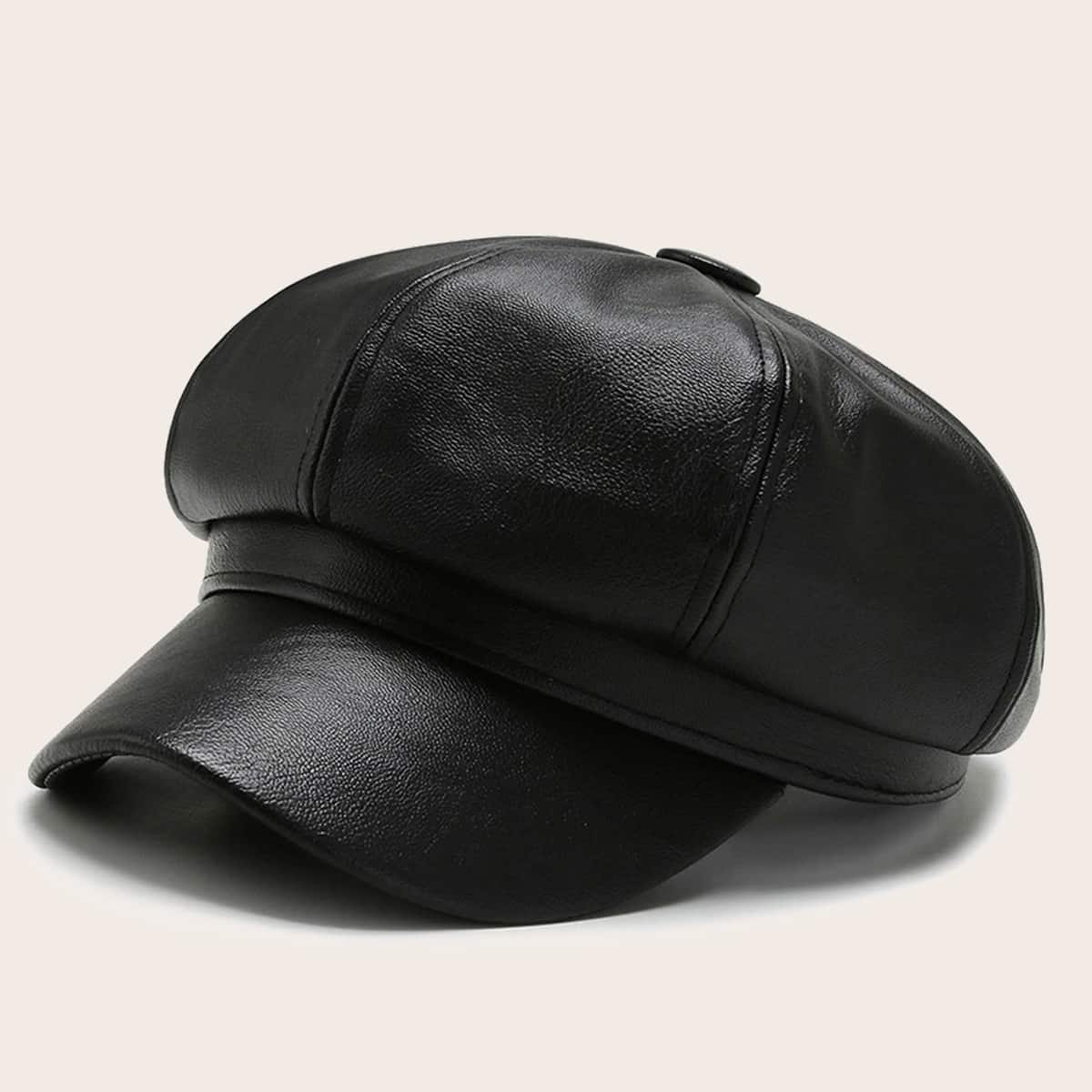 

Solid Faux Leather Baker Boy Hat, Black