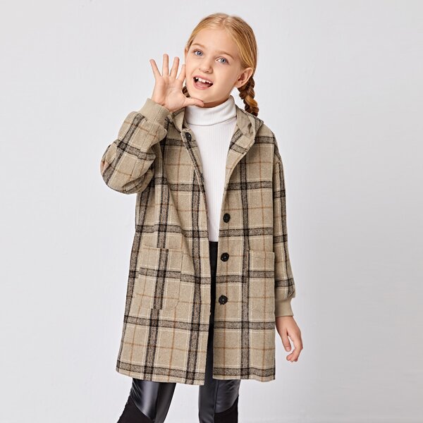 

Girls Pocket Front Hooded Plaid Coat, Khaki