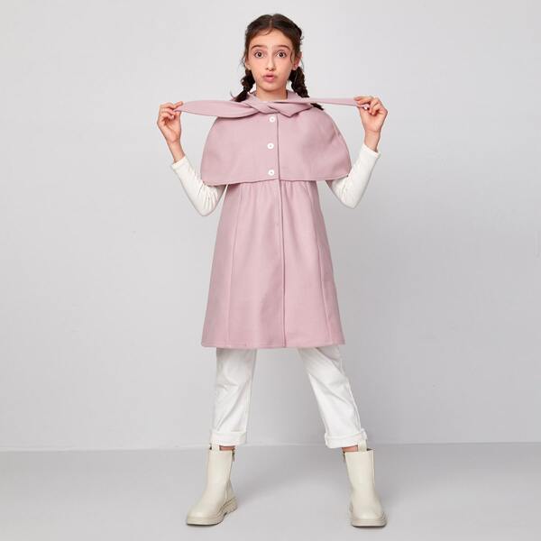 

Girls Tie Neck Buttoned Front Hooded Cape Coat, Baby pink