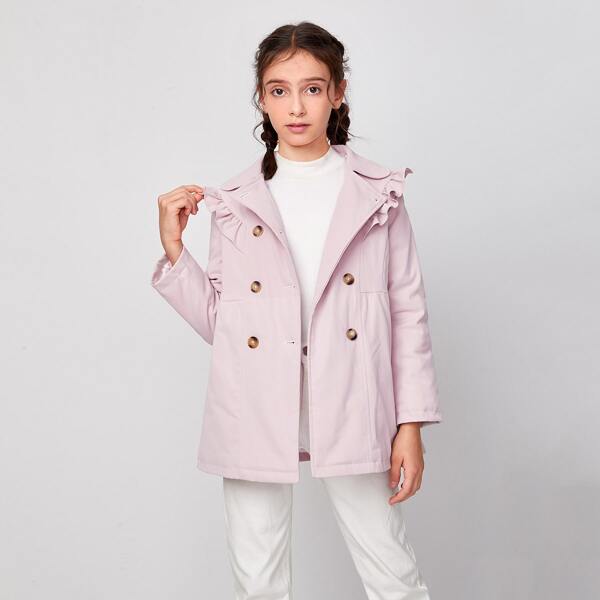 

Girls Notched Collar Double Breasted Ruffle Trim Coat, Pastel baby pink