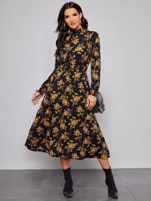 SHEIN Mock Neck Shirred Detail Floral Dress - Multicolor - View 3